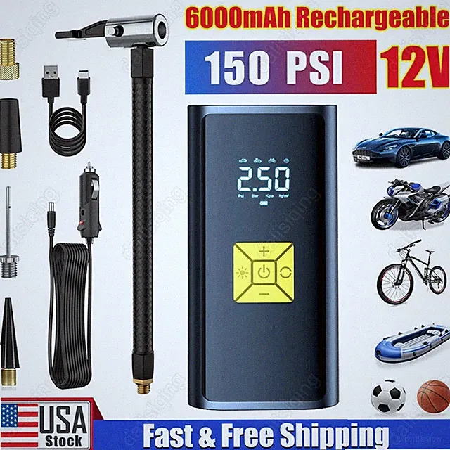 150 PSI Air Compressor Tire Inflator Fits Car Moto Bike Tires Air Pump Cordless