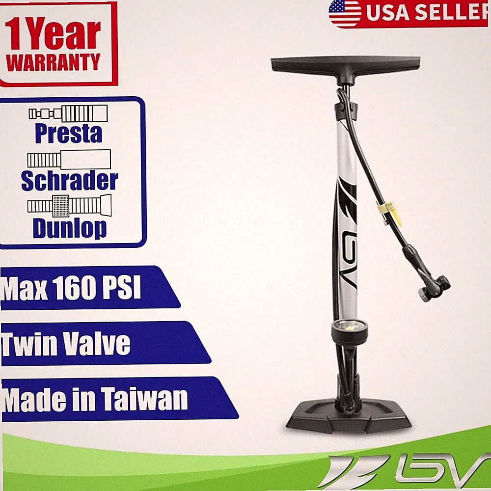 BV Bike Bicycle Pump Floor w Gauge Tire Ball Air Inflator Presta Schrader 160PSI