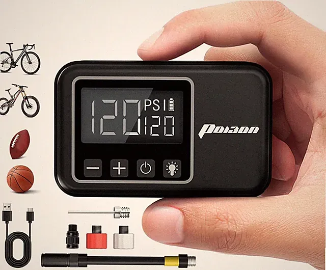 Compact Electric Bike Pump with Gauge, 120 PSI, Fast Inflate for All Bikes