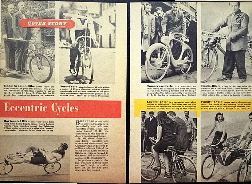 Eccentric Bikes 1949 bicycle pictorial Aero-Cycle~Recumbment~Hand Pump~Tandem+++