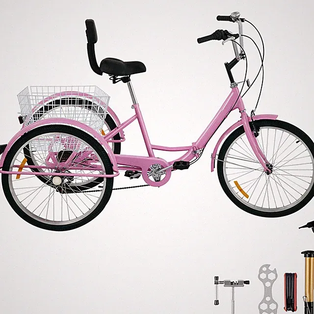 Foldable Adult Tricycle Folding Adult Trike 24'' 7 Speed Pink Bikes w/Basket