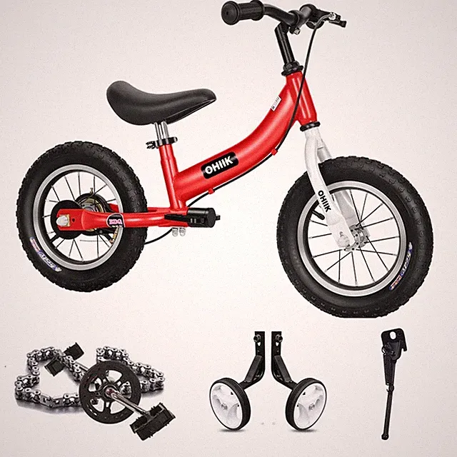 Ohiik 2 in 1 Balance Bike 14 inch Red with Pedal Kit Training Wheels