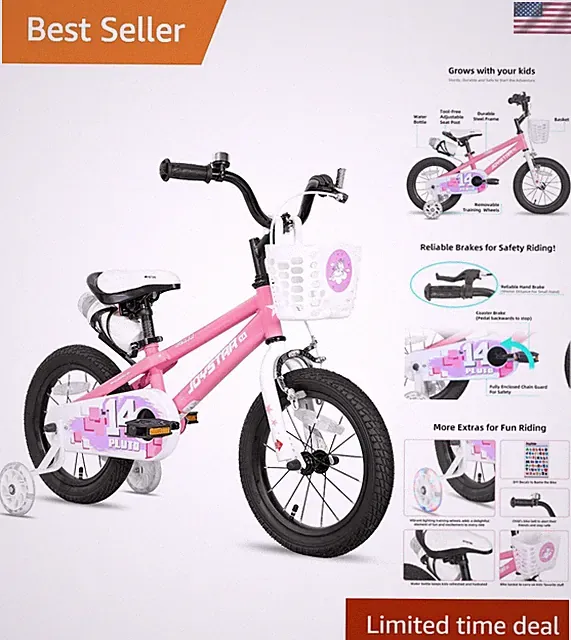 Pluto 12 14 16 18 20 Inch Kids Bike with Light Up Training Wheels, Kids' Bicy...