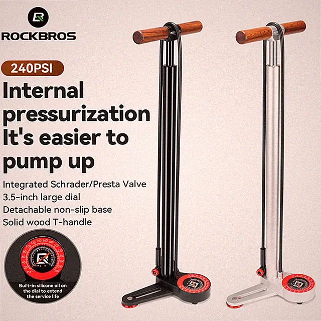 ROCKBROS Bike Floor Pump w/Gauge 240PSI Air Pump Inflator Fits Schrader Presta